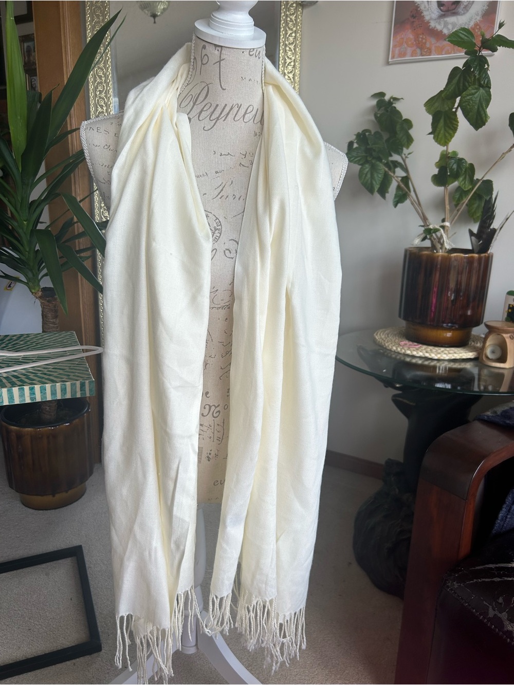 Cream Fringe Pashmina Shawl